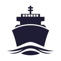 Large cargo ship silhouette navigating through ocean waves at sunset with minimalistic design vector
