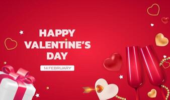 Valentine's Day celebration with red hearts, champagne flutes, and gift box on February 14 vector