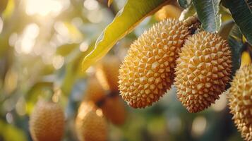 Ripe durian fruits hang from their trees in a tropical garden, illuminated by soft sunlight during late afternoon. photo