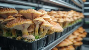 This vertical farm features integrated sensors actively monitoring the conditions for growing fresh mushrooms. The setup ensures optimal growth and yield efficiency. photo