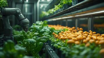 In a cutting-edge vertical farm, robotic arms tend to vibrant plants and mushrooms, showcasing innovation in agriculture and sustainable farming practices. photo