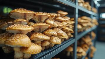 Mushrooms are neatly arranged on shelves in a vertical farming space, highlighting innovative agricultural practices for urban settings. photo