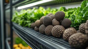 A vertical farm showcases fresh black truffles and vibrant greens, highlighting innovative agriculture methods in a controlled setting. photo