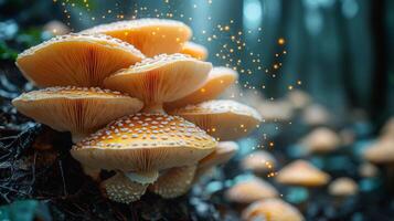 A cluster of vibrant mushrooms glows in the soft morning light, surrounded by a tranquil forest. The scene is enhanced by sparkling particles in the air. photo