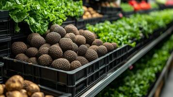 This vertical farm cultivates fresh black truffles alongside other produce, showcasing innovative farming techniques in an efficient environment. photo