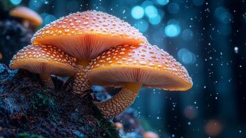 Mushrooms with bright orange caps amidst a forest floor, sparkling with snowflakes falling softly in the evening light. photo