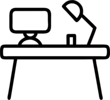 Work desk with computer in outline icon style, business and finance theme. png