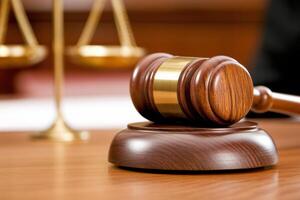 Close-up of a wooden judges gavel on a sound block with blurred scales of justice in a warm courtroom environment photo