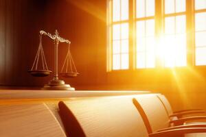 Illuminated judges bench featuring gavel and scales of justice symbolizing authority and fairness in a courtroom setting photo