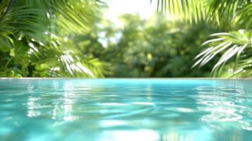 Luxurious outdoor pool surrounded by vibrant tropical plants reflecting sunlight in a serene and tranquil setting photo