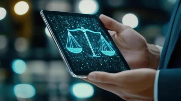 Digital scales of justice displayed on a modern tablet device with a blurred background, representing the intersection of law and technology in contemporary society photo