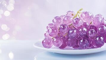 Cluster of crystal grapes displayed on a white plate with a soft pastel background highlighting their vibrant colors photo