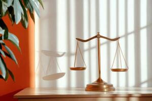 Illuminated judges bench with gavel and scales of justice conveying fairness and authority in serene setting photo