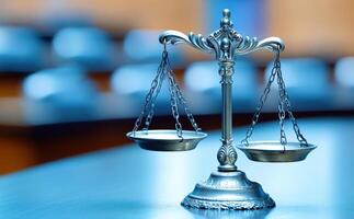 Courtroom with an empty bench and a set of scales symbolizing justice in a professional legal setting photo