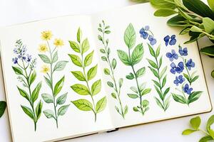 Botanical journal flat-lay featuring sketches of leaves and flowers in vibrant greens, yellows, and violets on a textured earthy background photo