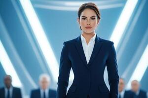 Confident businesswoman delivers a compelling pitch in a modern conference room with advanced technology photo