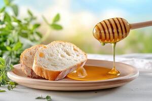 Cozy breakfast setting with honey drizzling from wooden spoon and fresh bread on rustic plate illuminated by morning sunlight photo
