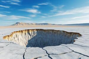 Dormant volcano with cracked caldera in arid desert landscape showcasing realistic geological features under clear blue sky photo