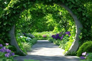 Circular stone archway creates a whimsical passage to a hidden garden filled with colorful blooms and lush greenery photo