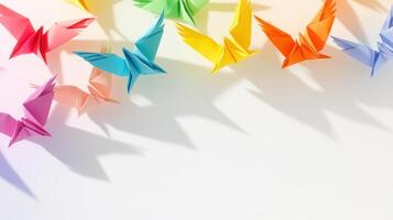 Colorful origami birds in mid-air creating intricate shadows on a white wall for a minimalist art display photo