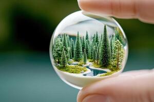 Captivating microcosm within a glass orb featuring a detailed forest ecosystem with miniature trees and a serene river photo