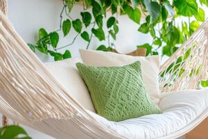Indoor hammock corner with macrame decor and trailing plants creating a relaxed creative space with soft pillows and greenery photo