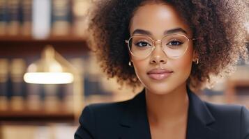 Young judge confidently seated in courtroom library setting, immersed in legal studies and ready to make impactful decisions for justice photo