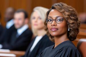 Diverse panel of judges focused on courtroom proceedings in a serious and professional environment during a trial session photo