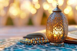 Elegant still life featuring a glowing lantern with a Quran and prayer beads illuminated by soft golden light during Ramadan photo