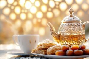 Ramadan Kareem still life with traditional foods, dates, baklava, and a tea pot on a patterned tablecloth illuminated by warm sunlight photo