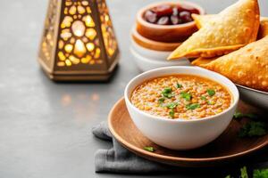 Delicious Ramadan Iftar spread with lentil soup, samosas, and dates on a rustic table with festive lantern and crescent moon decor photo