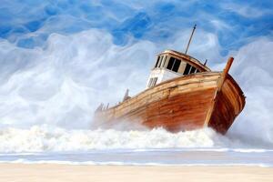 Dramatic shipwreck on Namibias Skeleton Coast surrounded by mist and crashing waves creating a mysterious atmosphere photo