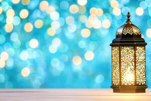 Beautiful Ramadan Kareem glowing lantern illuminating a serene courtyard under a sparkling starry night sky photo