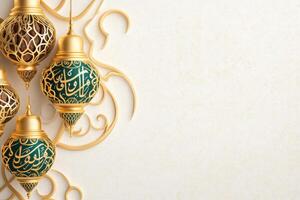 Modern Ramadan Kareem flat-lay featuring golden lanterns, dates, and ornate calligraphy over a textured white background photo