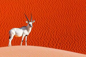 Oryx stands majestically atop a red dune in the Namibian desert under golden sunlight highlighting the sand patterns photo