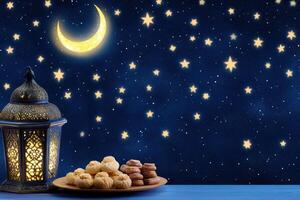 Night of Ramadan Kareem with a glowing crescent moon, ornate lantern, and a platter of traditional sweets under a starry sky photo