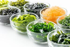 Vibrant seaweed varieties displayed in glass bowls on a white surface for a clean and nutritious wellness theme photo