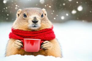 Groundhog enjoys a warm scarf and tea while sitting outside its burrow on a snowy Groundhog Day afternoon photo