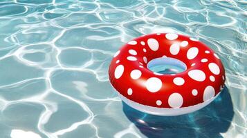 Playful inflatable pool float with red and white polka dots resting in clear blue water under bright sunlight photo