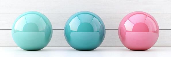 Glossy 3D spheres in pastel colors arranged on a white surface create a minimalist composition for modern decor photo