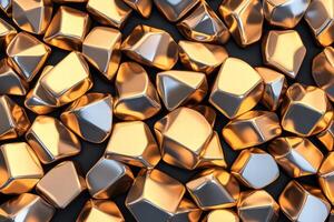 Metallic 3D shapes arranged on a matte black surface with dynamic lighting creating a striking visual effect photo