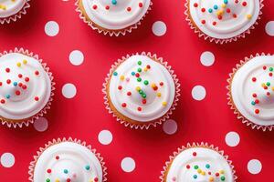 Delightful flat lay of colorful cupcakes in red and white polka dot liners on a cheerful tablecloth showcasing frosting and sprinkles photo