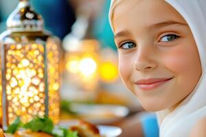 Family gathering during Ramadan with traditional food and warm lanterns creating an inviting atmosphere for celebration photo