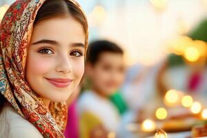 Gathering of family during Ramadan with traditional food and glowing lanterns creating a warm atmosphere of togetherness and celebration photo