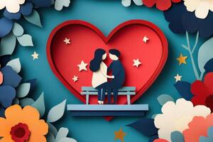 Artistic paper cut design featuring diverse couple on a bench surrounded by a heart-shaped floral frame for Valentines Day celebration photo