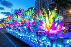 Vibrant carnival parade in Rio showcases performers in tropical costumes on a dazzling float surrounded by energetic spectators under glowing lights photo