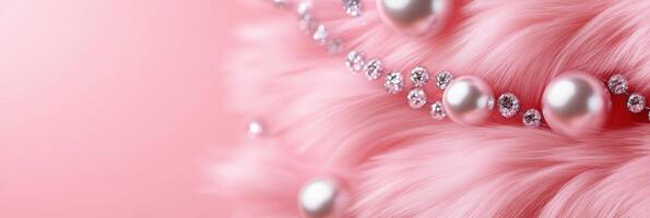 Fluffy pink background decorated with pearls and shimmering glitter for a glamorous touch photo