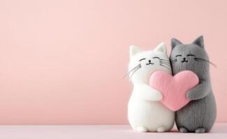 Felted miniature figures of a white cat and a gray cat holding a pink heart against a pastel background capturing a moment of affection photo