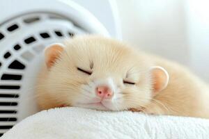 Cozy ferret enjoys gentle blow-dry on soft pillow in tranquil indoor setting photo