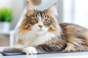 Grooming a Maine cat on a table surrounded by tools in soft daylight photo